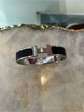 Hermes Men's Black and Silver H Cuff Bracelet
